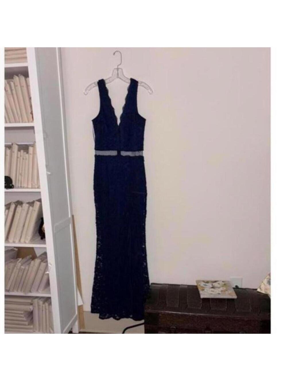 FLAW Juniors Maniju Navy Lace Evening Gown Mermaid High Slit Peekaboo Cut Out